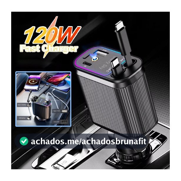 Carregador de carro retrátil com luz LED, carregador de carro rápido 4 em 1 de 120 W Super turbo para iPhone e Android