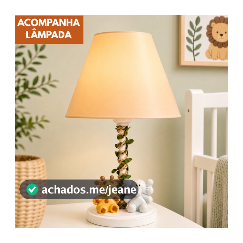 Abajur Luminária Infantil Safari Luxo Animais Quarto Bebê e Criança