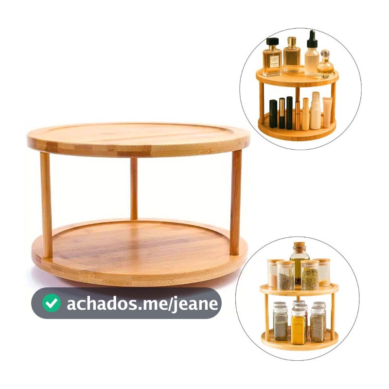 Organizador Giratorio 2 Andares Bambu Suporte Porta Tempero Cozinha Banheiro Armario Bancada Bandeja