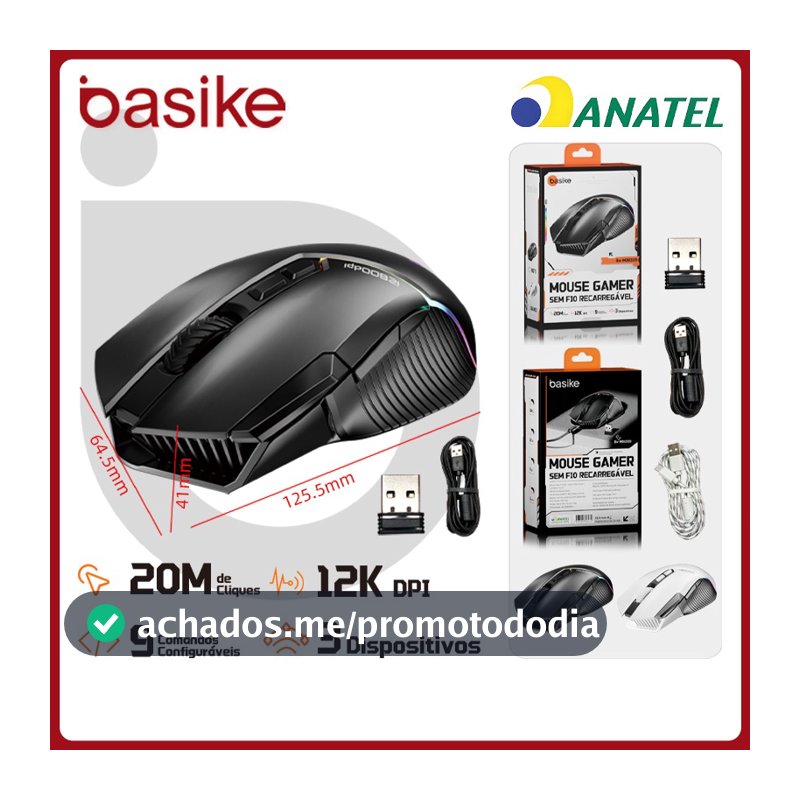 Basike Mouse Sem Fio BLuetooth 12000DPI Ajustável 3 Modos，Mouse Gamer Ergonômico RGB para Notebook，PC e Teclado，MOU339