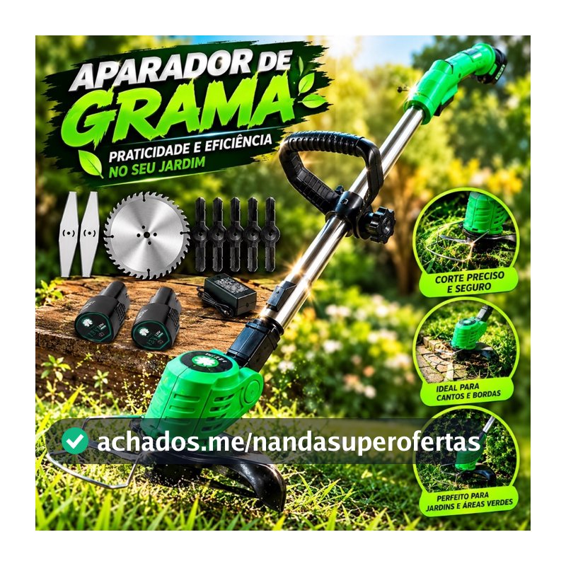 Roçadeira Aparador Cortador De Grama Elétrico Bivolt 110v/220v 2 Baterias Recarregável Kit Completo
