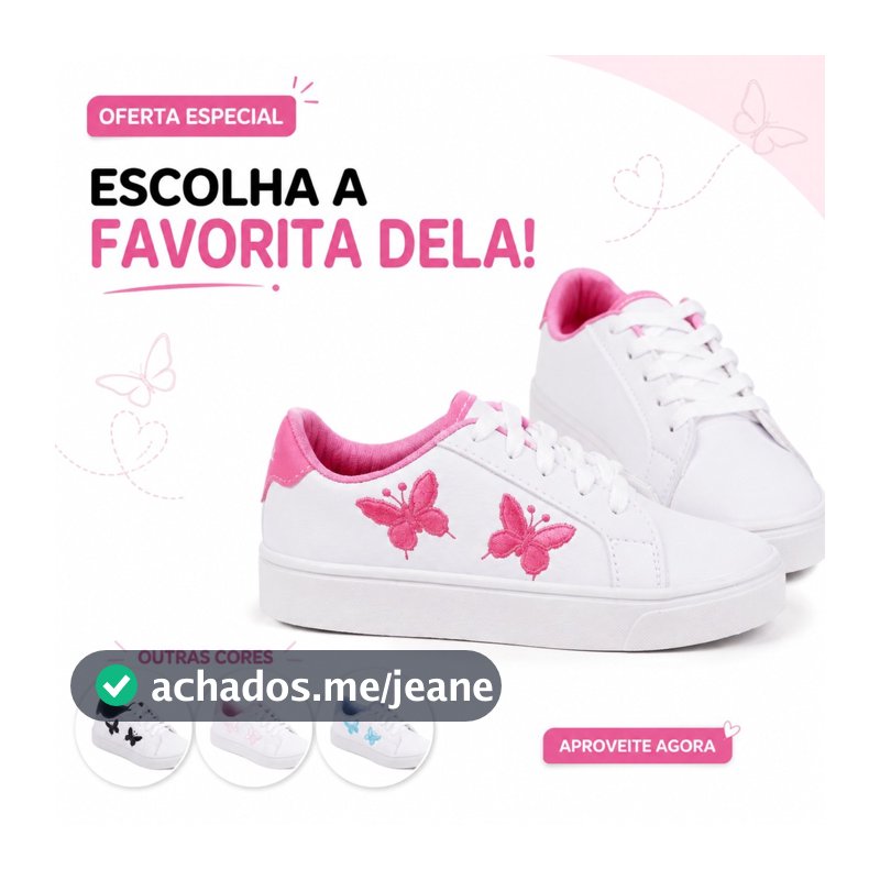 Tênis Infantil Menina Casual Bordado Borboletas Coloridas Sola Branca Antiderrapante