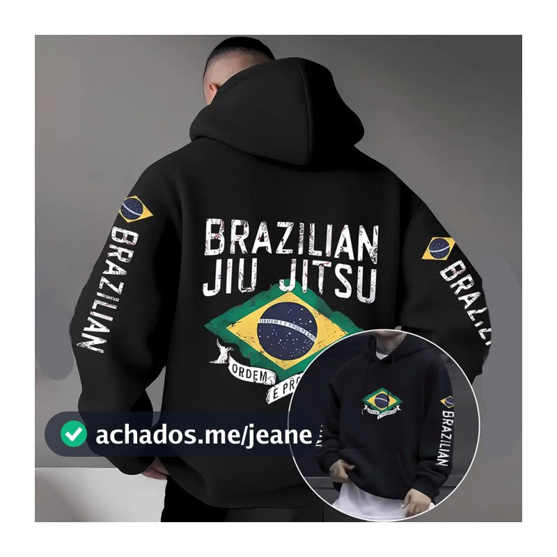 Moletom Com Capuz Flanelado Blusa de Frio Com Bolso Estampa Brazilian Jiu Jitsu Artes Marciais
