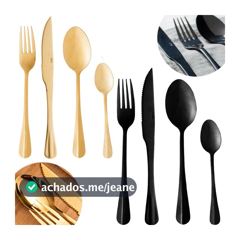 Jogo De Talheres Faqueiro Mesa 24 Peças Garfo Faca Colher Aço Inox Positano Dourado Preto Luxo Lyor