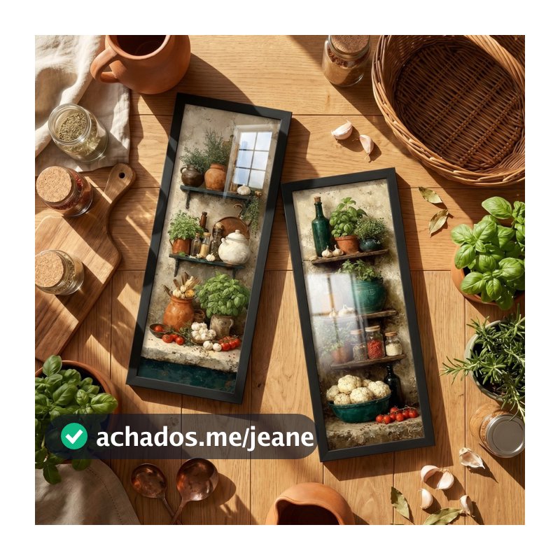 Kit 2 Quadros Decorativos Para Cozinha Vintage Temperos Frutas Legumes Rústico Retrô 18x45 cm