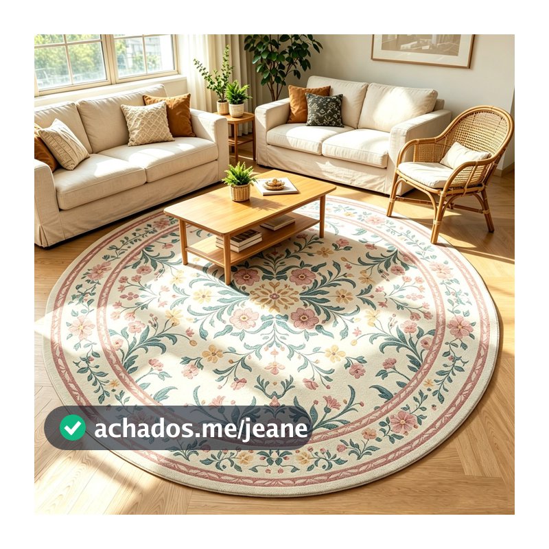 Tapete Redondo 1,50x1,50 Sala Quarto Floral Antiderrapante Lavável Macio Aveludado Decorativo Abelle Casa