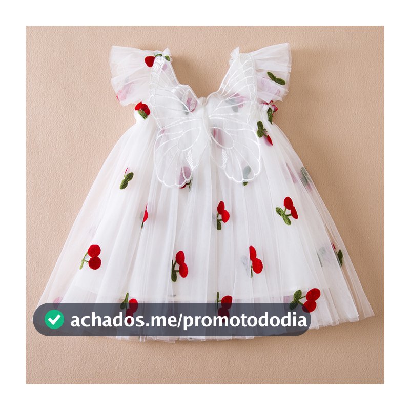 Lindo Vestido Borboleta Bebê Com Asas | De Verão Cereja Bordado Para Meninas