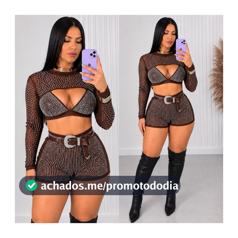 Look Completo Feminino Shorts com Strass (Cropped, e Shorts)