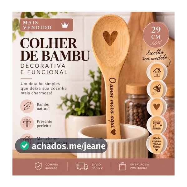 Colher de Bambu Decorativa Gravada 29cm | Utensílio de Cozinha | Presente