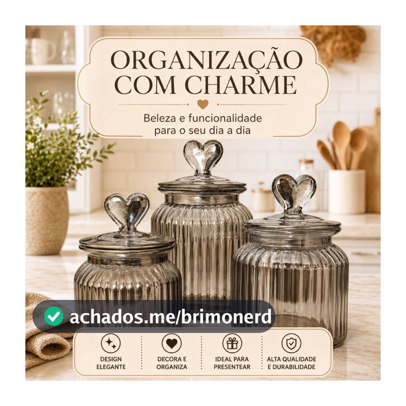 Pote Hermético fumê de Vidro com Tampa de Coração Porta Balas/Doces/Grãos 620mL/950mL/1350mL
