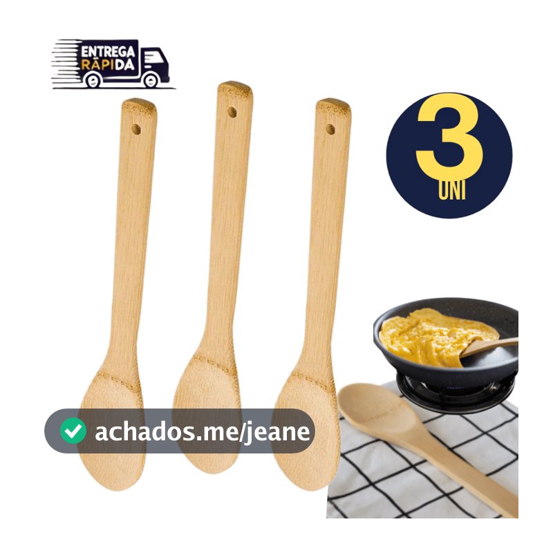 Jogo Conjunto Kit 3 Colher De Bambu 30cm Madeira Bamboo Pau Para Cozinha Multiuso Variáveis Utilidades