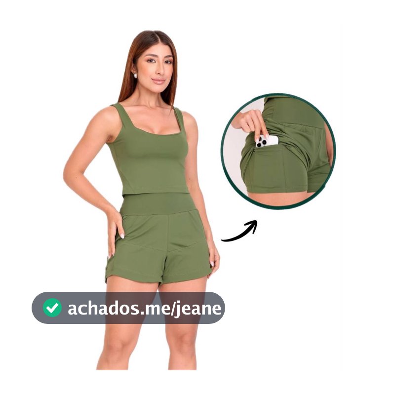 Conjunto Fitness Feminino Poliamida com Blusa + Short DUPLO com Bolso Roupa Academia e Corrida