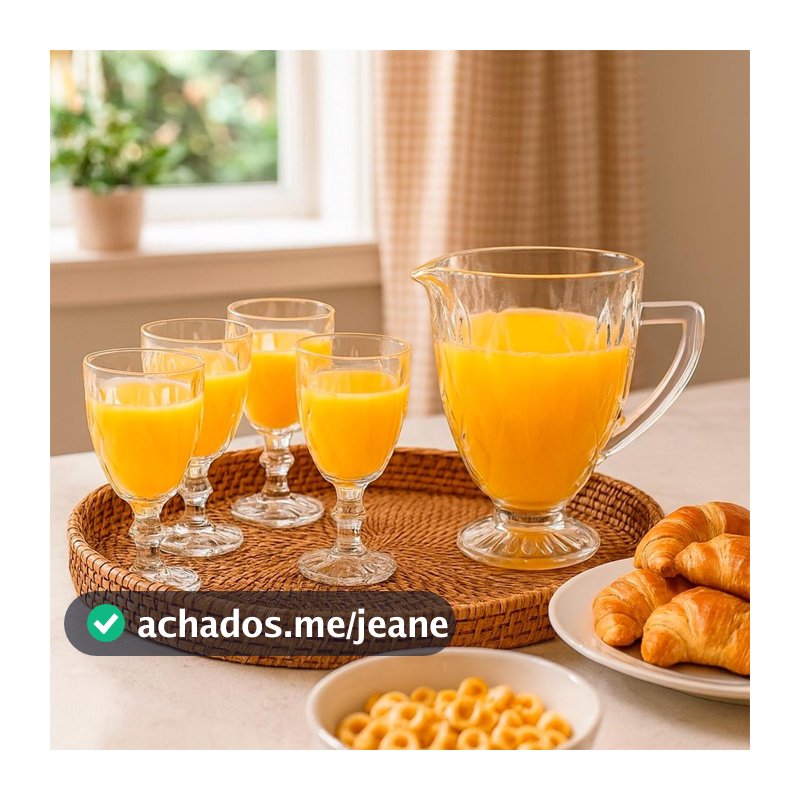 Jogo de Jarra Diamante 1,2L + 4 Taças Cristal Ecológico 330ml Transparente - Bela Flor