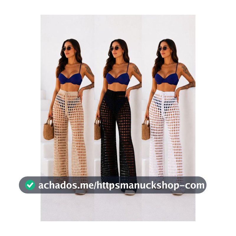 Calça Feminina Saída de Praia Tricô Crochê Slim e Plus Size Moda Verão Praia Piscina 2026