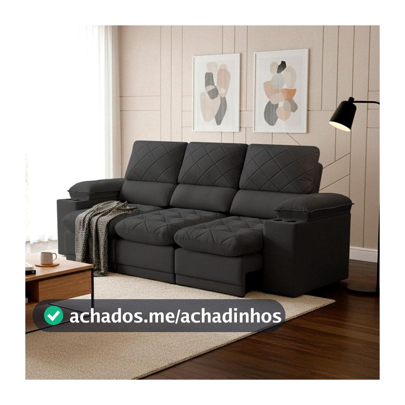 Sofá Veneza 2,40m Retrátil Reclinável Preto USB e Porta Copos - King House