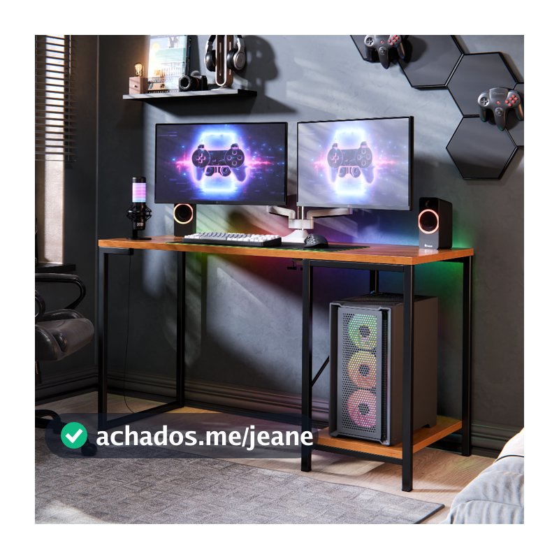 Mesa Escrivaninha Gamer e Home Office Barcelona Estilo Industrial com Prateleira em Aço Resistente e MDF