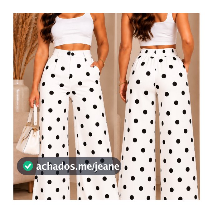 Calça Pantalona Alfaiataria Feminina Poá Wide Leg Elegante com Elastico na Cintura na Parte de trás