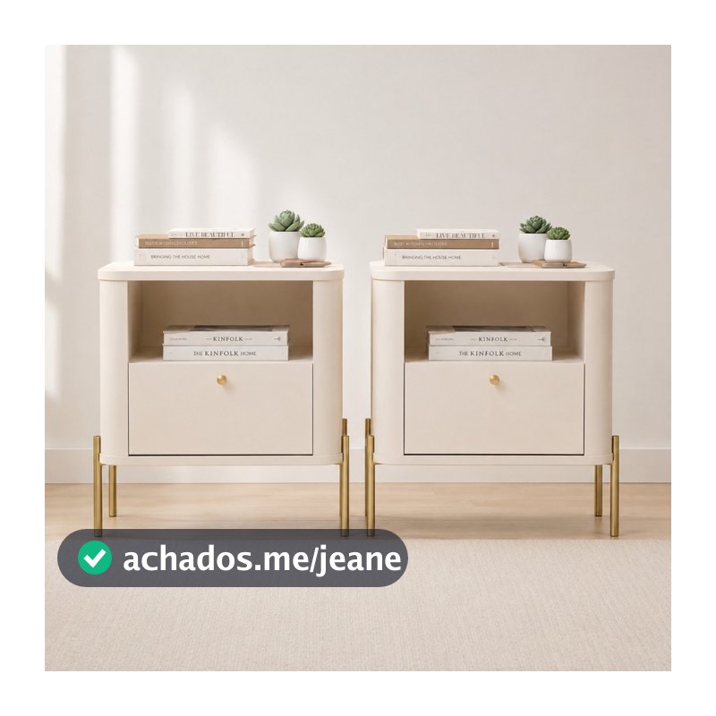 Kit 2 Mesas de Cabeceira Tucupí MDF 15 mm com Cantos Arredondados e Pés em Metal Off White Dourado