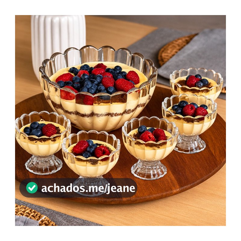 Jogo 7 Peças Wolff Sobremesa 6 Bowl 125ml e 1,1L Mesa Posta Requintada Transparente Luxo Geneva Taça