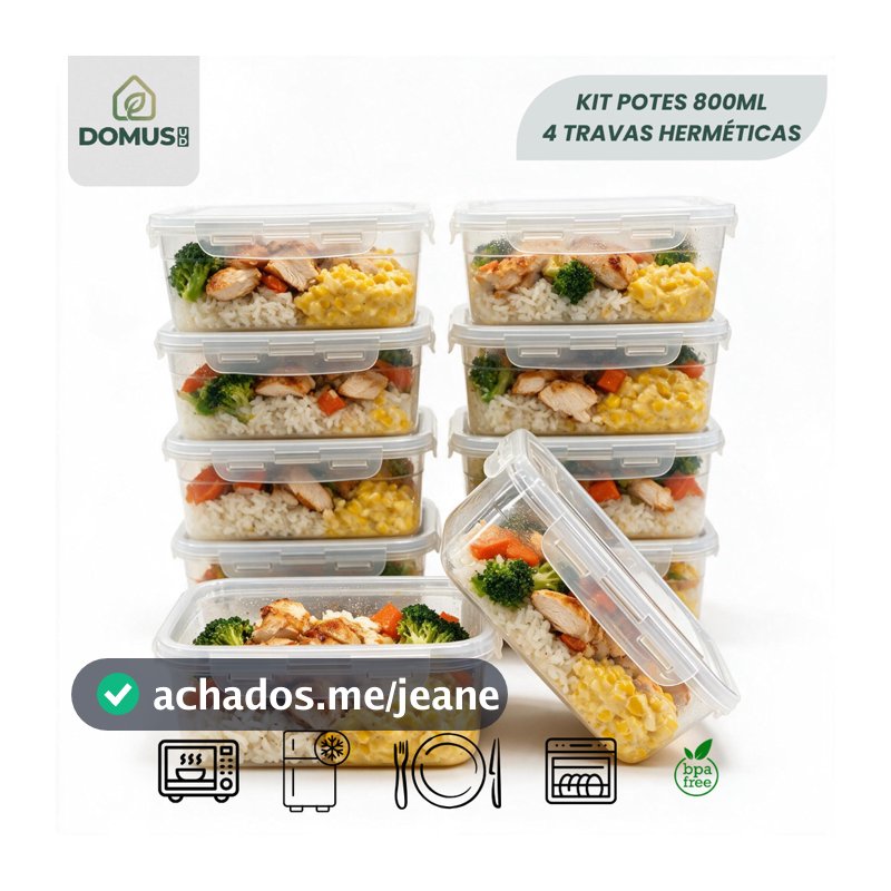 Kit Potes 800ml Marmita Fit com 4 Travas Transparente BPA Free Reutilizável