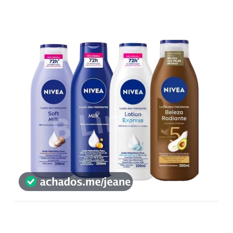Kit 04 Hidratantes NIVEA Milk + Lotion + Soft + Beleza Radiante com 200ml cada 72 hs Hidratação