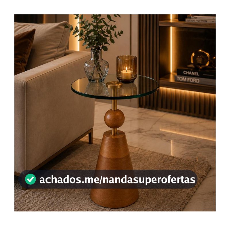 Mesa Lateral Elegante Vidro Temperado e Madeira Maciça
