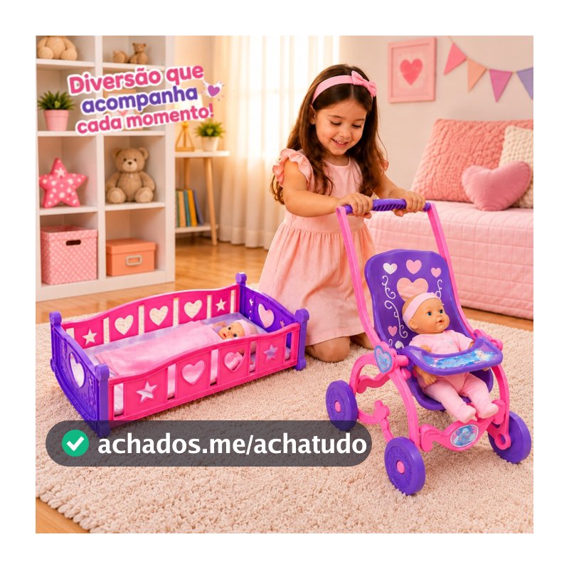 Kit Berço e Carrinho de Boneca Infantil Passeio Criança