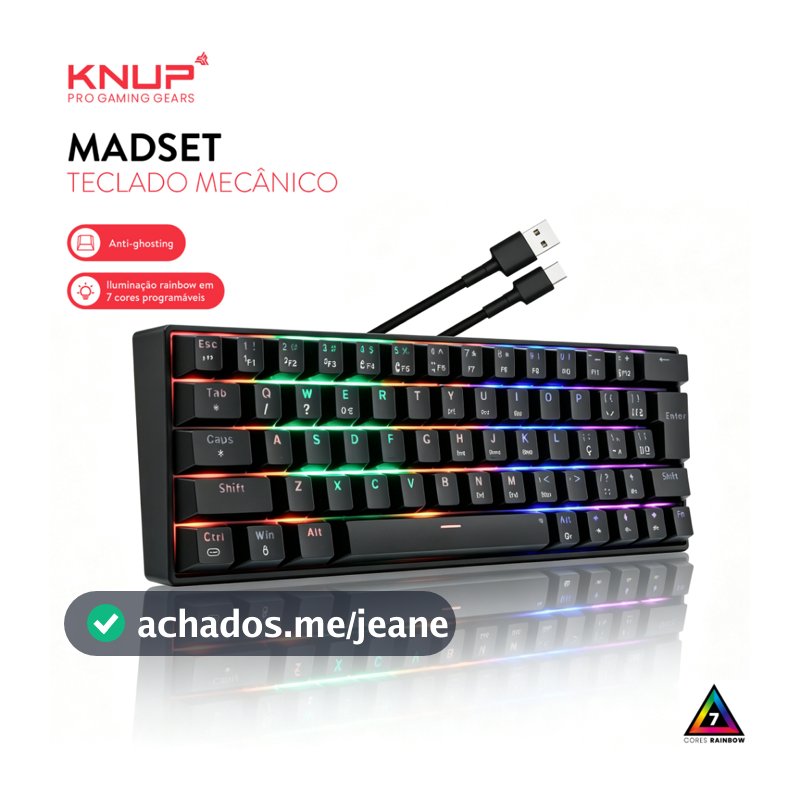 Teclado Mecânico Gamer Compacto 60% 63 Teclas Switch Blue Rainbow RGB Anti-Ghosting USB