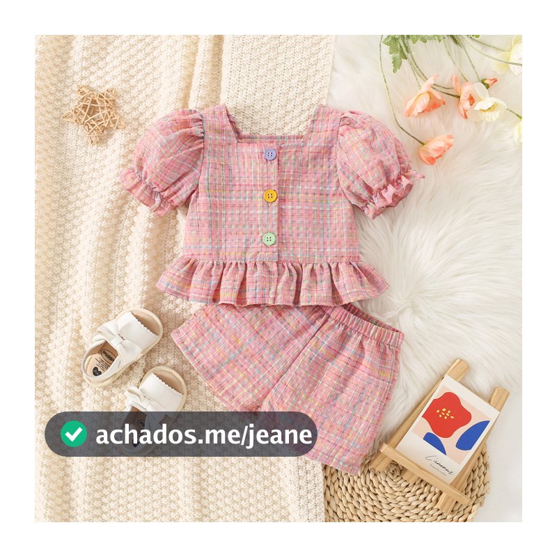 Conjunto de Roupas Baby Girl Algodão Vermelho Top com Puff Sleeves e Shorts Xadrez