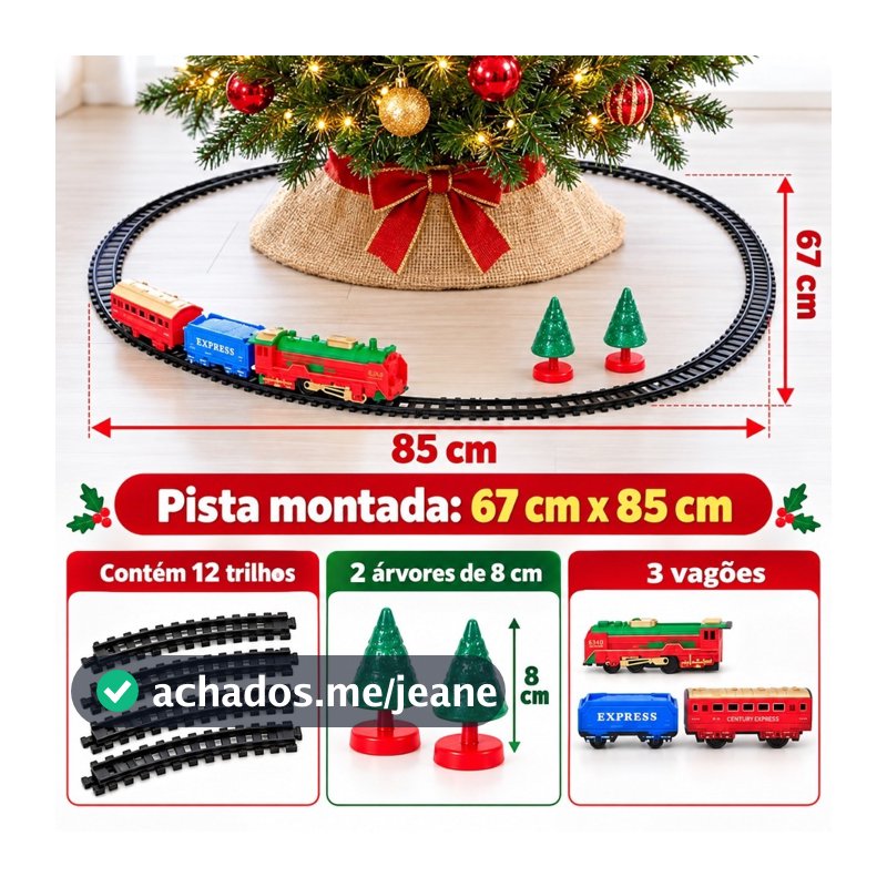 Trem Locomotiva de Natal Elétrico Decorativo para Árvore de Natal com 17 Peças