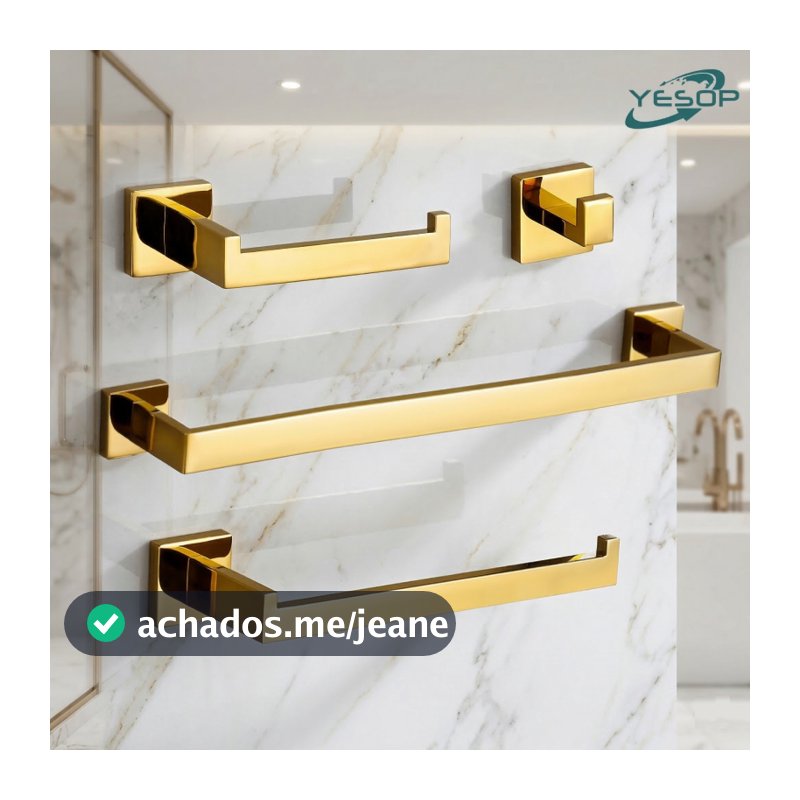 YESOP Kit Acessórios Banheiro Dourado 4 Peças Aço Inox 304 Luxo Porta Toalha Papel Gancho Quadrado