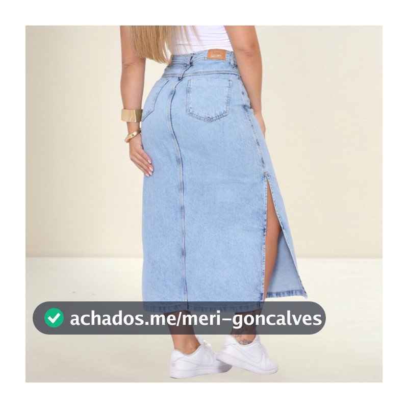 Saia Jeans Feminina Mídi Longa Cintura Alta Marmorizada com Fenda Tecido Grosso Azul Claro Premium