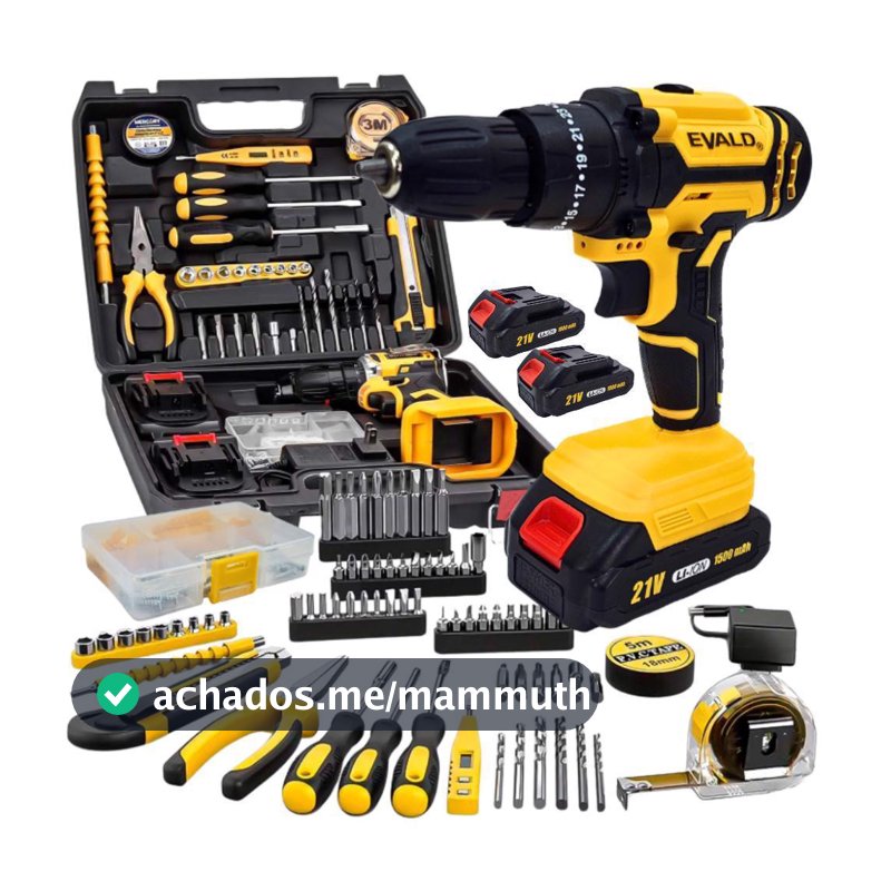 Parafusadeira Furadeira Bateria 21V com Impacto, Maleta, 2 Baterias e Kit 136 Peças Bivolt EVALD