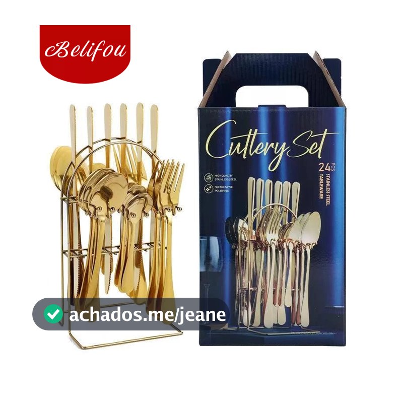 Belifou Kit 24 Conjunto De Talheres De 24 Peças Conjunto De Faca E Garfo Dourado Com Suporte