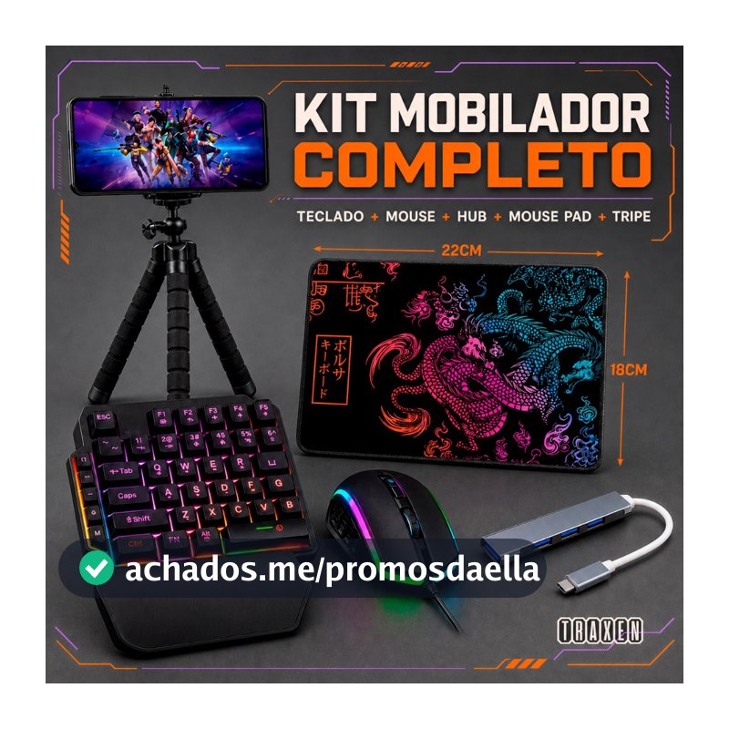 Kit Mobilador One Hand Gamer Completo Para Celular Com Teclado + Mouse Gamer Led RGB