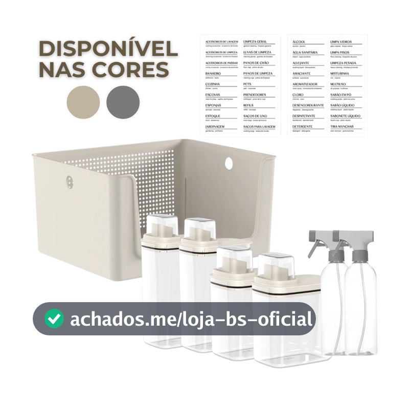 Kit Para Lavanderia 7 Peças Cesto Organizador Dispenser Sabão Borrifador e Etiquetas