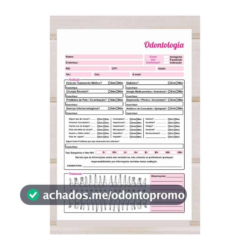 Bloco Ficha Anamnese Avaliação para Consultório de Odontologia / Dentista