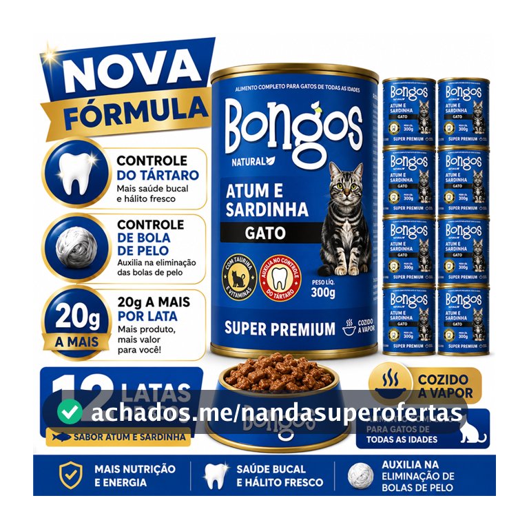 Kit 12 Ração Úmida Bongos 300g Super Premium para Gatos Controle de bola de pelos e Tártaro