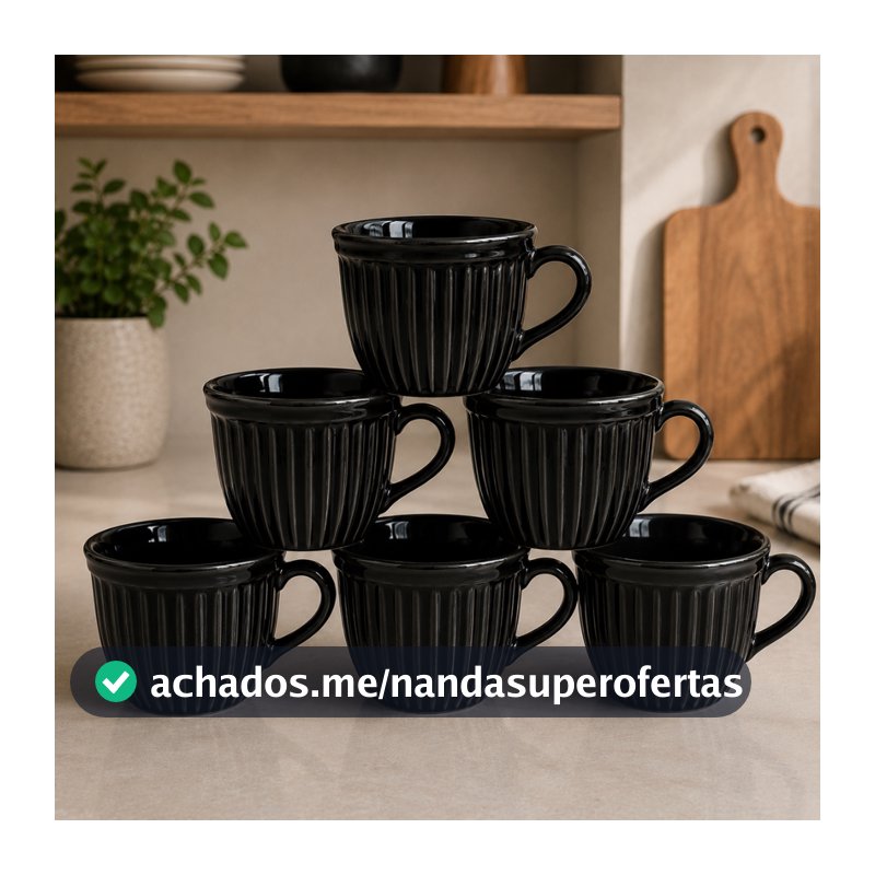 Jogo 6 Xicara Porcelana Lisa Canelada Cha Cafe Leite 210ml Chicara Hotel Casa Cozinha