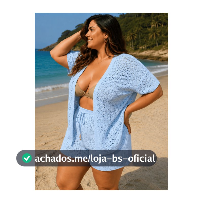 Conjunto Saída de Praia Short + Cardigan Tricot Linha Verão Plus Size