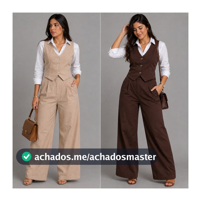 Conjunto Feminino Alfaiataria Blusa Colete Calça Pantalona Social P'M'G'GG Elegante com Botão Moda Mulher Outono Inverno