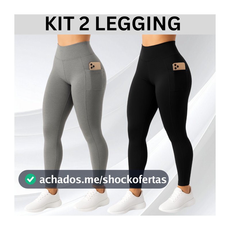 2 Calças Legging com Bolso Lateral Suplex Cós Alto Largo Academia Crossfit Verão Fitness