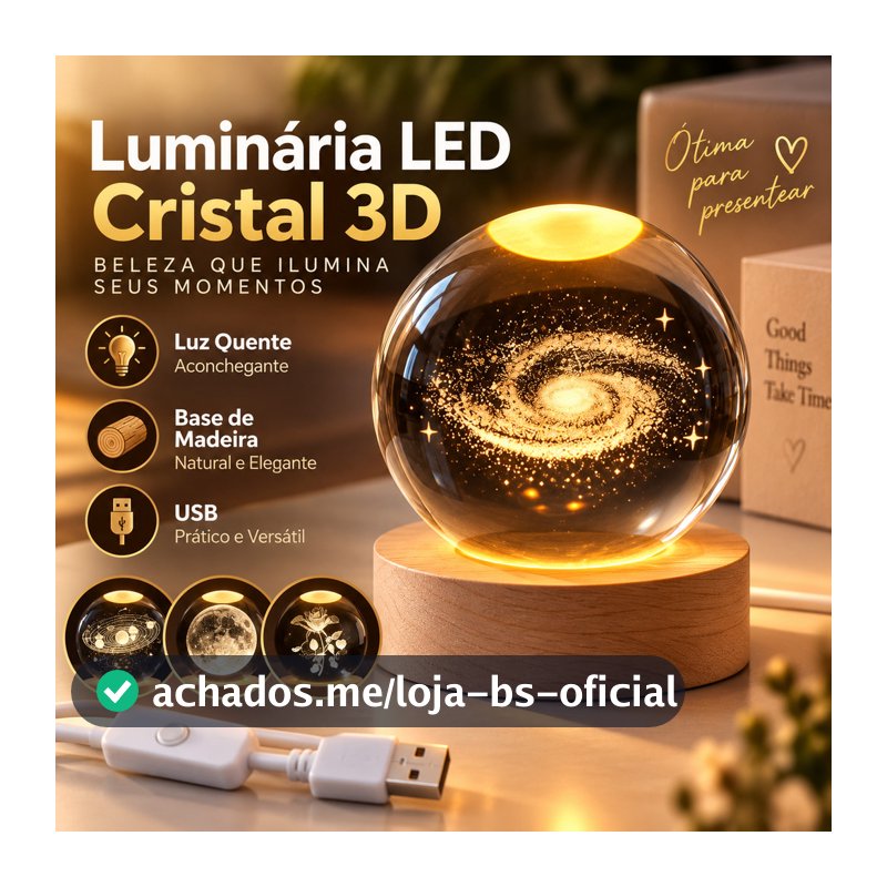 Luminária de Mesa LED Cristal Bola 3D Lua Via Láctea Abajur Decorativo USB Base Madeira para Quarto Sala Escritório