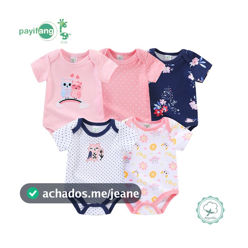 Kit 5 Pecas Body Bebe Manga Curta Algodao Suedine Meninos e meninas Verao 100% Algodão-Estampa de coruja