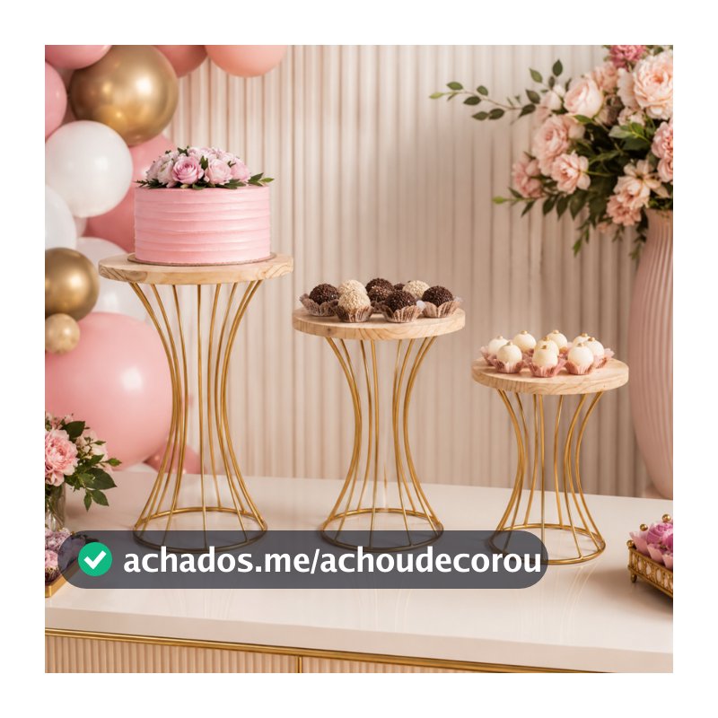 Kit 3 Boleiras para Bolo e Doces Madeira Pinus Luxo Aramado Dourado Mesa de Festa Aniversário Casamento Decoração