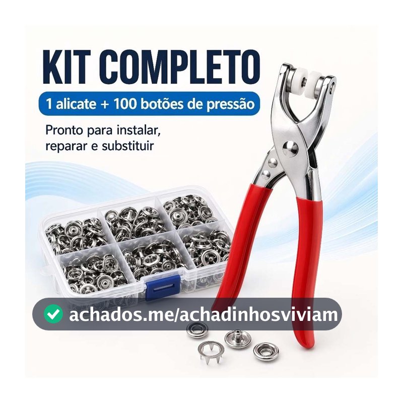 Kit Alicate Aplicador de Botões + 100 Botões de Pressão Metal Inoxidável para Roupas e Artesanato