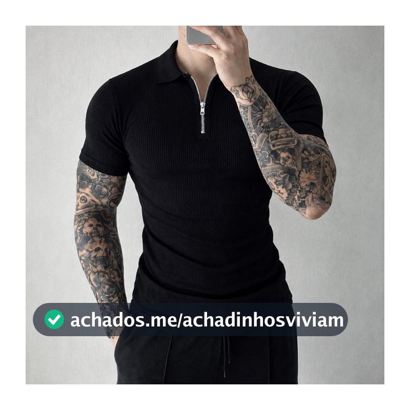 Camisa Polo Italiana Masculina Canelada Premium Slim Manga Curta com Zíper Casual Elegante