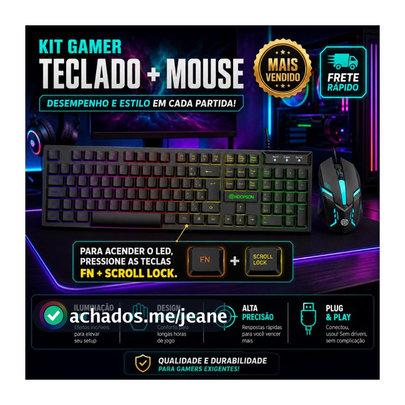 Teclado e Mouse Kit Gamer semi mecanico RGB LED USB ABNT2 Profissional para PC Notebook