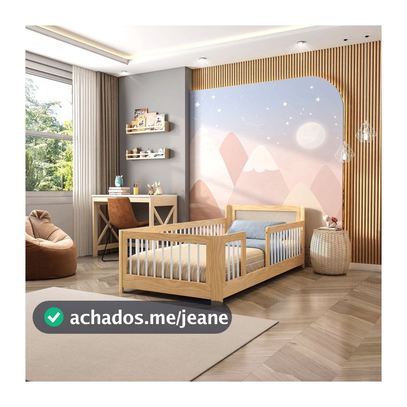 Cama Infantil Solteiro Montessoriano Wave com Rattan Casatema MadeiraOriginals Bege/Marrom/Branco Natural/Branco