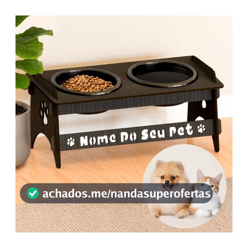Comedouro PERSONALIZADO Com Nome Para Pets Pequenos De Madeira Com 2 Potes De Plástico